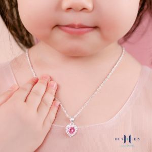 Dây Chuyền Bạc Duy Hiển S990 Nguyên Chất Cho Bé Gái Mặt Trái Tim Đá Hồng Đẹp Xuất Chúng