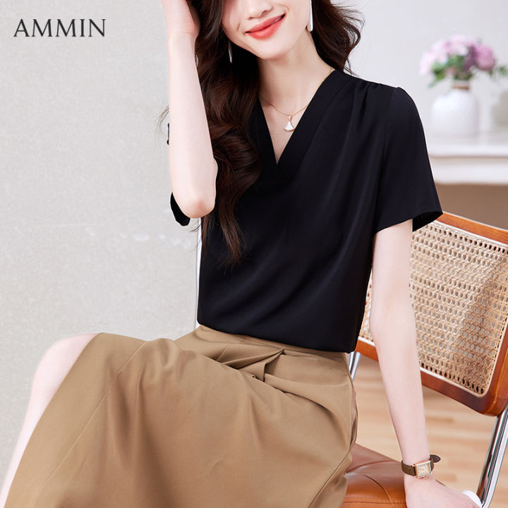 AMMIN เสื้อเบลาส์คอวีสำหรับผู้หญิง,เสื้อเบลาส์ผ้าไหมแขนสั้นคอวีแฟชั่น ...