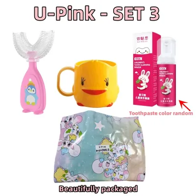 ORBITFITNESS 3PCS/Set Childrens U-Shaped Silicone Toothbrush Kids Baby Oral Cleaning Manual Toothbrush Baby Toothbrush U-Shape Toothbrush Mousse Foam Toothpaste Cup Kids Toothbrush Teeth Cleaning Oral Care Tool No BPA