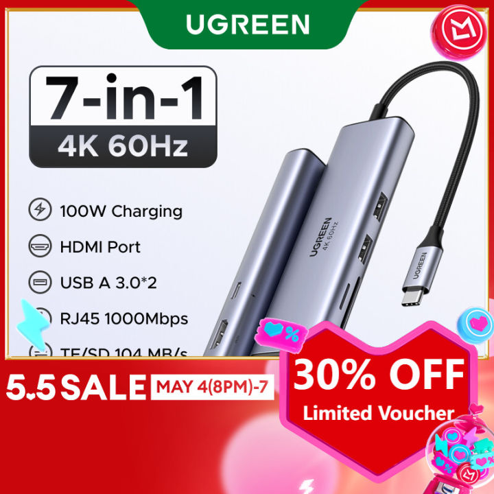 UGREEN 7 in 1 Type C Hub with 4K@60HZ USB C to HDMI RJ45 SD TF Card Reader 3 USB 3.0 Ports for iPhone 15 Pro, ipad mini 6,ipad pro 2021,Huawei Matebook 13,Lenovo Thinkpad T480s,Samsung20