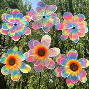 DOHOHO Multistyles Colorful Film Sunflower Windmill Diameter 28/37cm Double-layered Stake Standing Lawn Flower Pinwheel High Quality PVC Garden Yard Wind Spinner Outdoor Party Picnic Decor