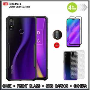 PAKET 4IN1 HARD CASE Realme 3 Realme 3 Pro Soft Hard Casing Fusion AirBag Crack Shockprooft Tpu HD Transparent Acrylic Bening Premium Executive Exellent Quality Cover + Tempered Glass Layar + Anti Gores Kamera + Garskin Carbon Bonus Pengiriman Cepat