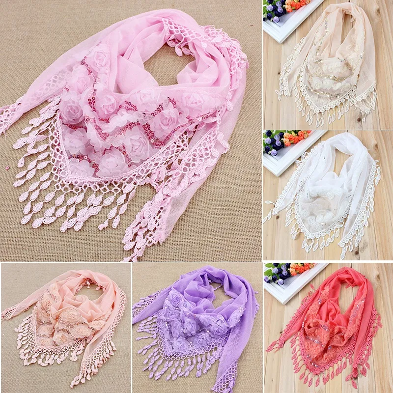 QUNED Women Embroidered Scarf Trigonometric Cape Scarves Shawl Bib Tassel  Silk Scarf