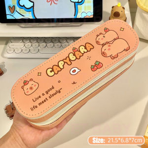 1Pc Double Layer Pencil Case Capybara Large PU Waterproof Zipper Pen Bag Student School Stationery Box