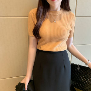 NCE Plus size ins knitted sweater t shirt for women Korean style summer short sleeve crew neck bottoming shirt