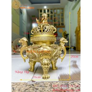 Lư Xông Trầm Song Long Chầu Nguyệt Bằng Đồng Màu Vàng Cao 20cm Nặng 1kg