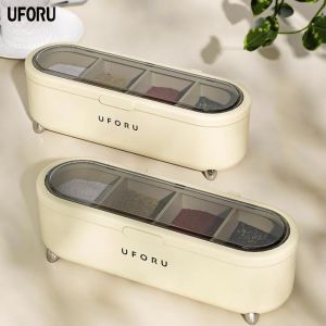 Hộp Đựng Gia Vị Thông Minh Có Nắp Đậy Sạch Sẽ Tiện Lợi Hũ Đựng Gia Vị Nhà Bếp 4 Ngăn Kèm Thìa Muỗng