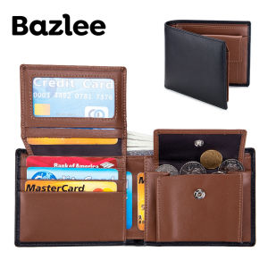 Bazlee Mens Genuine Leather Wallet with Coin Pocket Flip Up ID Window RFID Blocking Slim Bifold Credit Card Holder Front Pocket Wallet for Men