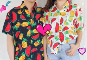 พร้อมส่ง เสื้อสงกรานต์ เสื้อฮาวาย เสื้อ  เสื้อเชิ๊ตคอปกแขนสั้น เสื้อลายดอก - ลายแตงโมสับปะรด เป็นผ้าสปัน นุ่มสบาย ผ้าพิมส์ลายสีสันสดใส