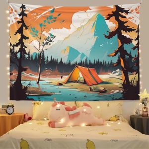 Vintage camping style bed background fabric. Decorative fabric for student dorm rooms. Bedroom hanging fabric.