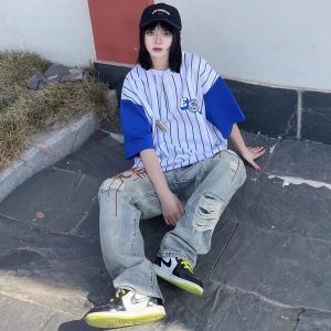 Celana Jeans Robek Retro Cetak Huruf Celana Lurus Longgar Celana Denim Grafiti Jalanan Trendi