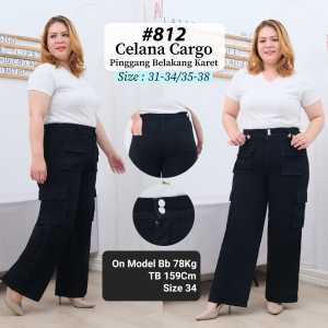 Celana Cargo Jeans Wanita Jumbo Kantong Kotak Pinggang Belakang Karet