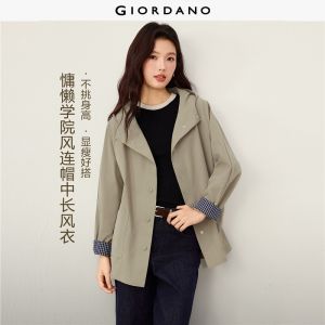 Giordano Beau Monde Women Windowpane cuffs mid-length hooded trench coat Free Shipping 13376778