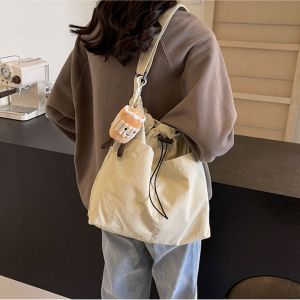 PERCEPT Korean Style Drawstring Bucket Bag Crossbody Bag Large Capacity Nylon Shoulder Bag Sweet Solid Color Women