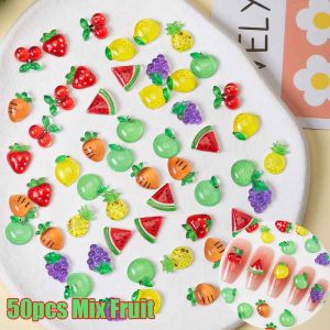 50Pcs Mix Cute StrawberryCherryGrapeWatermelon Nail Art Charms 3D Kawaii Resin Fruits FlatBack Nail Decoration Accessories h260819