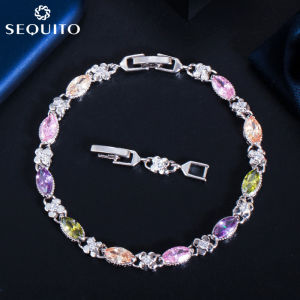 SEQUITO Brilliant Marquise Cut Cubic Zirconia Pave Charm Bracelets Bangles Delicate Slim Jewelry for Women Girls B089