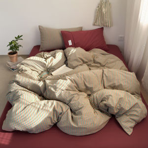 【Super low price】Japanese Style 100% Cotton Bedding Set King Queen Size Minimalist Striped Duvet Cover Set Comforter Cover Bed Sheet Pillow Cases