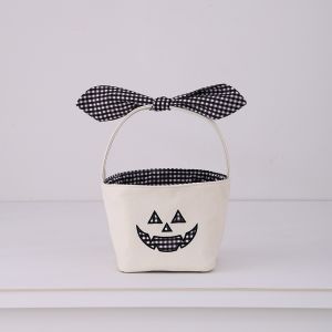 SKJK STUDIO Vải Canvas Thùng kẹo Halloween Thêu bí ngô Lớp lót bằng vải cotton gingham Giỏ đựng đồ Phong cách đa dạng Có thể tái sử dụng Hộp đựng kẹo Halloween Tiệc Halloween