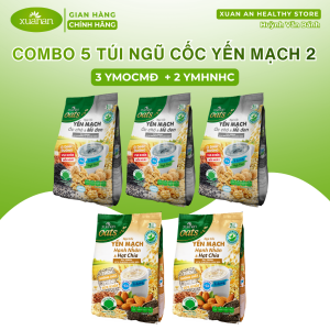 Combo 5 Túi Ngũ cốc Yến mạch 2 (3 Ngũ cốc Yến mạch Óc chó Mè đen ít đường + 2 Ngũ cốc Yến mạch Hạnh nhân Hạt chia) 400g