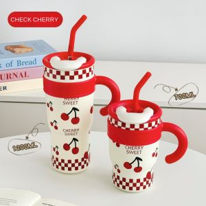 Media แก้วเก็บเย็น กระติกน้ำร้อนความจุสูง1200ml แก้วเก็บความเย็น สเตนเลส304 พร้อมหลอด มีด้ามจับ น่ารัก แก้วน้ำดื่มเก็บเย็น/เก็บร้อน 6-12 ชั่วโมง ของขวัญ