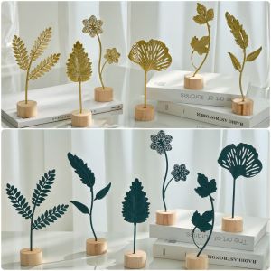 MIRELAE Wood Base Ginkgo Leaf Ornament Gold Green Hollow Out Leaves Desktop Handicrafts Artistic Iron Art Tabletop Decoration Home Decoration