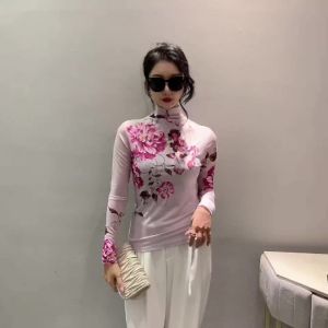 Ammin 2024 Mùa Xuân/Mùa Hè đơn giản bán cổ cao thời trang r Tay Áo Dài Áo Thun Nữ cỡ rộng phong cách Hàn Quốc nhỏ tươi in hoa áo thanh lịch