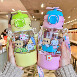 580ml ขวดน้ำเด็กไปโรงเรียน ลายการ์ตูน พร้อมสายสะพาย ถ้วยน้ำรถบรรทุกลมขนาดเล็กที่สร้างสรรค์น่ารักพร้อมหลอด