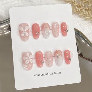 100% HANDMADE Short Oval Shape Artificial Fake Nails Art Pink Tender Small flower Blush Phototpy Fake Nail Press on Nail Reusable And Removable With Free Glue