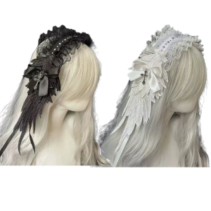 Punk Anime Maid Headband With Angel Wing Comfortable Lace Trim Headwrap Costume Hairband For Women Special Occasion