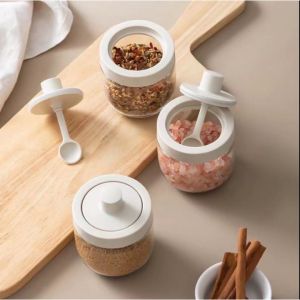 Kitchen Seasoning Spoon Bottle Jar Organizer Oil Pot Bottle Seasoning Container with Built in Spoon for Salt Sugar Pepper Seasoning Condiment Bottle Containers Glass Salt and Pepper Shakers