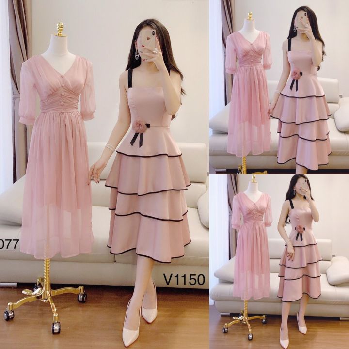 Đầm xòe thiết kế váy xếp ly màu hồng dễ thương