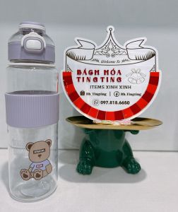 Bình nước nhựa 1100ml có ống hút họa tiết gấu đáng yêu màu sắc nhẹ nhàng Bình đựng nước cute kèm sticker 2D _TingTing