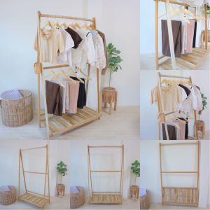 ราวตากผ้าไม้ ราวแขวนผ้าไม้สัก ราวแขวนผ้าพร้อมชั้นวางของ ราวผ้ามินิมอล