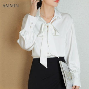 AMMIN Korean style fashion temperament bow tie V-neck long sleeve white shirt For women 2023 autumn new simple temperament leisure commute office elegant chiffon top