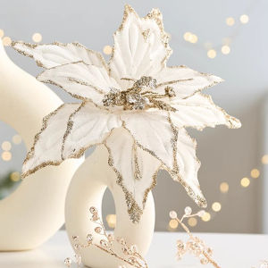26cm Luxurious Faux Velvet Christmas Flower Realistic Handmade Xmas Tree Ornaments Elegant with Ice Crystal Simulated Flower