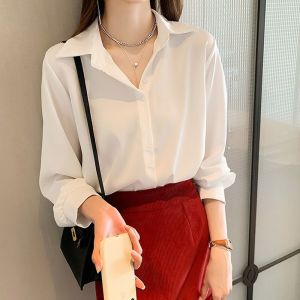 5 Colors M-4XL Korean Style Chiffon Plain Shirt For Women Casual Long Sleeve Loose Blouse Top