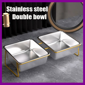 Stainless Steel Double Bowl Cat Water Bowl Dog Food Bowl Prevent Tipping Over Pet Neck Protection Rice Bowl