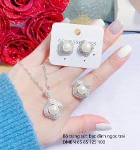 Bộ trang sức hạt trai bạc xi kim mẫu đính đá sang trọng