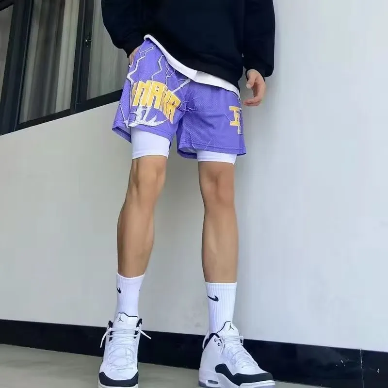 Men's Street Style Flyah Shorts Flame Printed Basketball Mesh Shorts for  Men and Women Summer Beach Kill Crew Drift Sport Short Pants Purple Black 