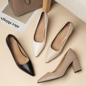 Giày cao gót mũi nhọn giày nữ gót dày giày công sở nông giày nữ đơn giản phong cách Hàn Quốc