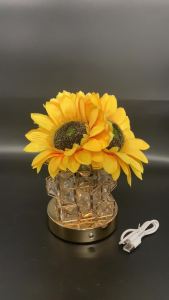 Romantic Sunflower Night Light Rechargeable Bedside Table Lamp Cordless Dimmable LED Desk Light Floral Decor Crystal Base Birthday Christmas Gifts for Mom Girls