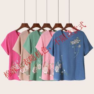 Middle-aged and Elderly Womens Summer Cotton Linen Short Sleeve Top and Pants Two-piece Set Fashionable and Stylish Moms Loungewear for Summer