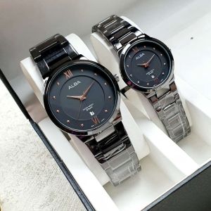 Jam Tangan Couple Pasangan 2025 Alba Romawi Elegan Mewah Tanggal Aktif Rantai Stainless Free Box Dan Batre Bakureh Watch