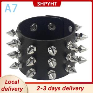 [COD] SHPYHT Local delivery Ship within 24 hours 90s Fashion Punk Style Bracelet Personality PU Leather Three Rows Spikes Square Bracelets Bangle 2024 Party Jewelry Gift