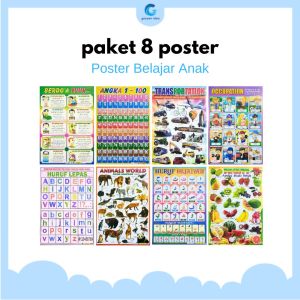 Paket 8 Poster Belajar Anak Edukasi Huruf Angka Transportasi Hewan Hijaiyah Doa dll