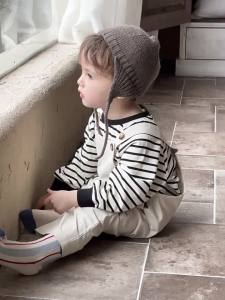 Baby spring clothes 2026 Spring new Korean-style childrens clothing boys striped sweatshirt and overalls set for kids