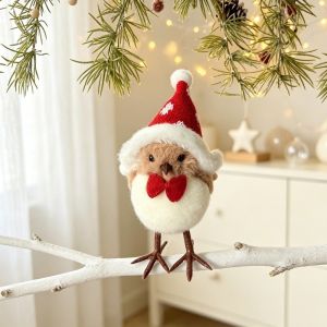 OOC Christmas Hat Plush Bird Ornament Red Bow Tie Creative Xmas Decoration Soft Scarf Christmas Tree Hanging Pendant Party Decor