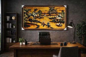 (Tặng kèm khung) Tranh sơn mài - PHONG CẢNH ĐÔNG QUÊ VIỆT NAM - Nền dát vàng cao cấp/ Size 60x120 cm