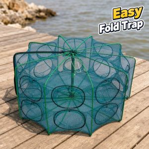 Folding Fishing Net Auto Foldable Multiholes Nylon Shrimp Crab Portable Freshwater Fish Cage