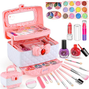 LJKids Makeup Toy Kit for Girls Washable Makeup Set Toy with Real Cosmetic Case for Little Girl Pretend Play Makeup Beauty Set B
